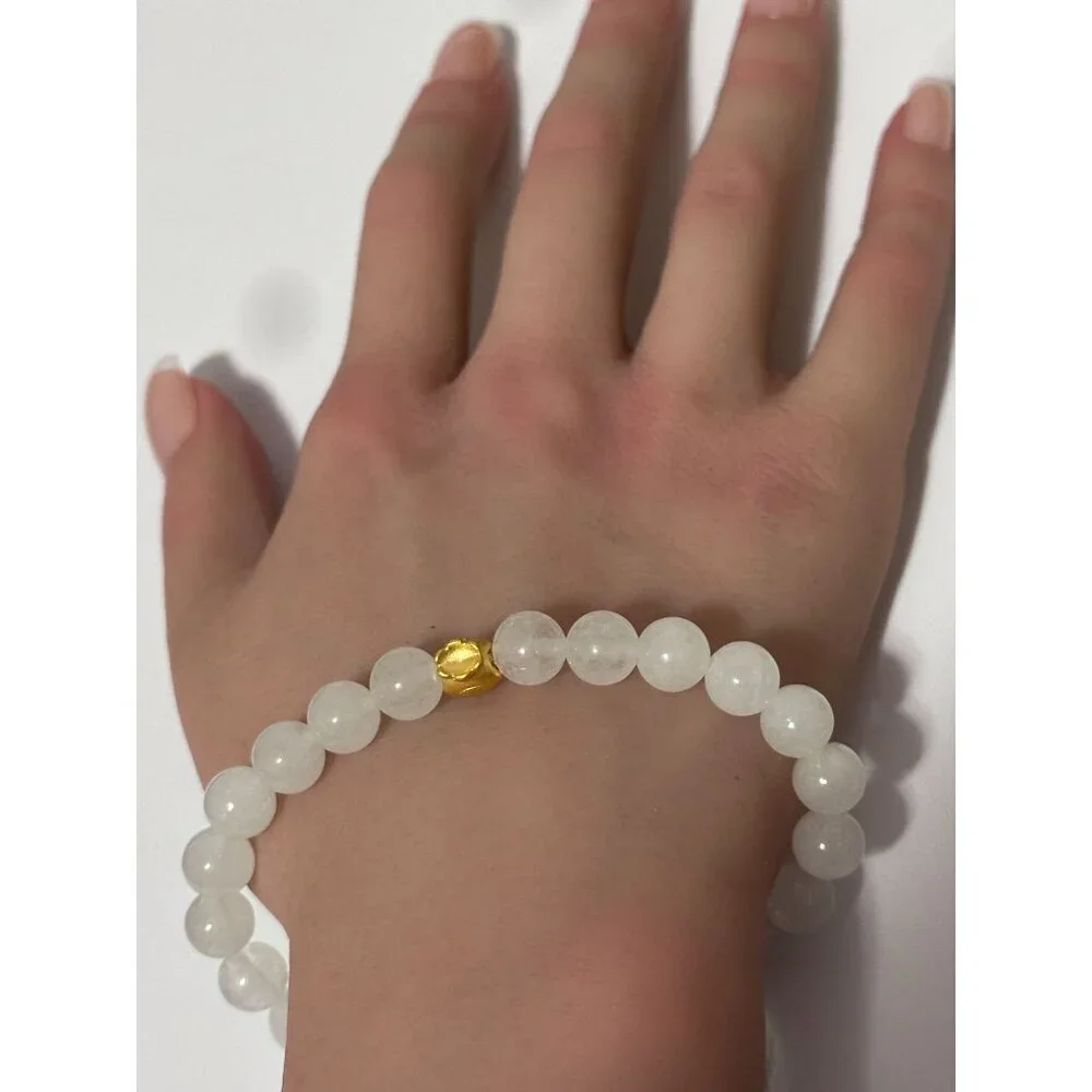 24K Gold Money Bag Lucky Charm Bracelet Gemstone Natural White Jade 8mm Size 7" - Picture 5 of 5